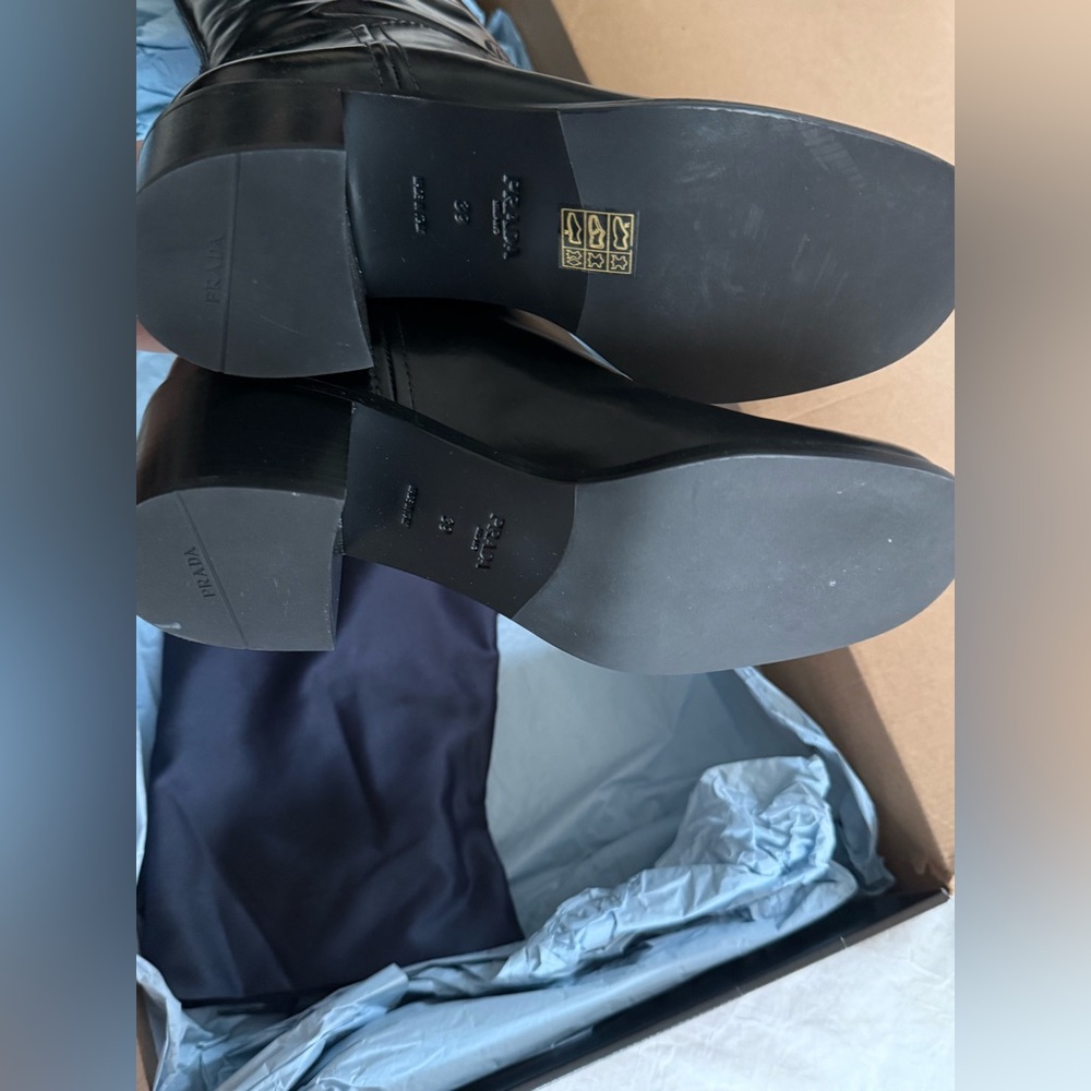 PRADA Spazzolato Metal Triangle Logo 55mm Riding Boots Size 39 Black New - Picture 9 of 12